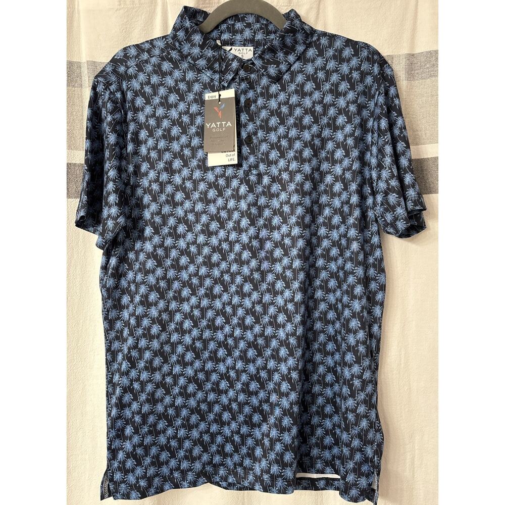 NWT YATTA Golf Mens Size Small Polo Shirt Blue Palm Trees Palma Notte Short Slv